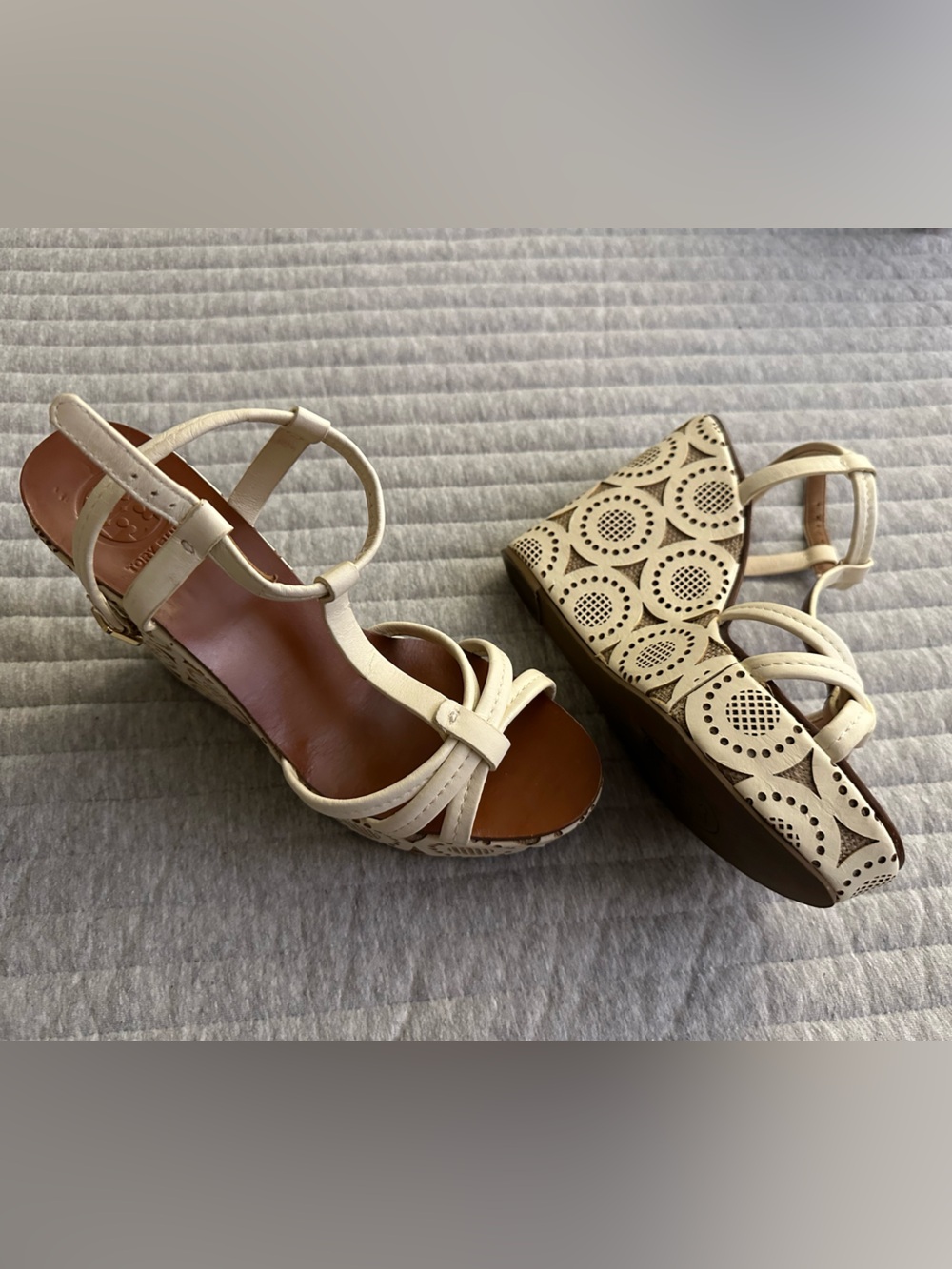 Tory Burch Ivory Laser-Cut Wedge Sandals